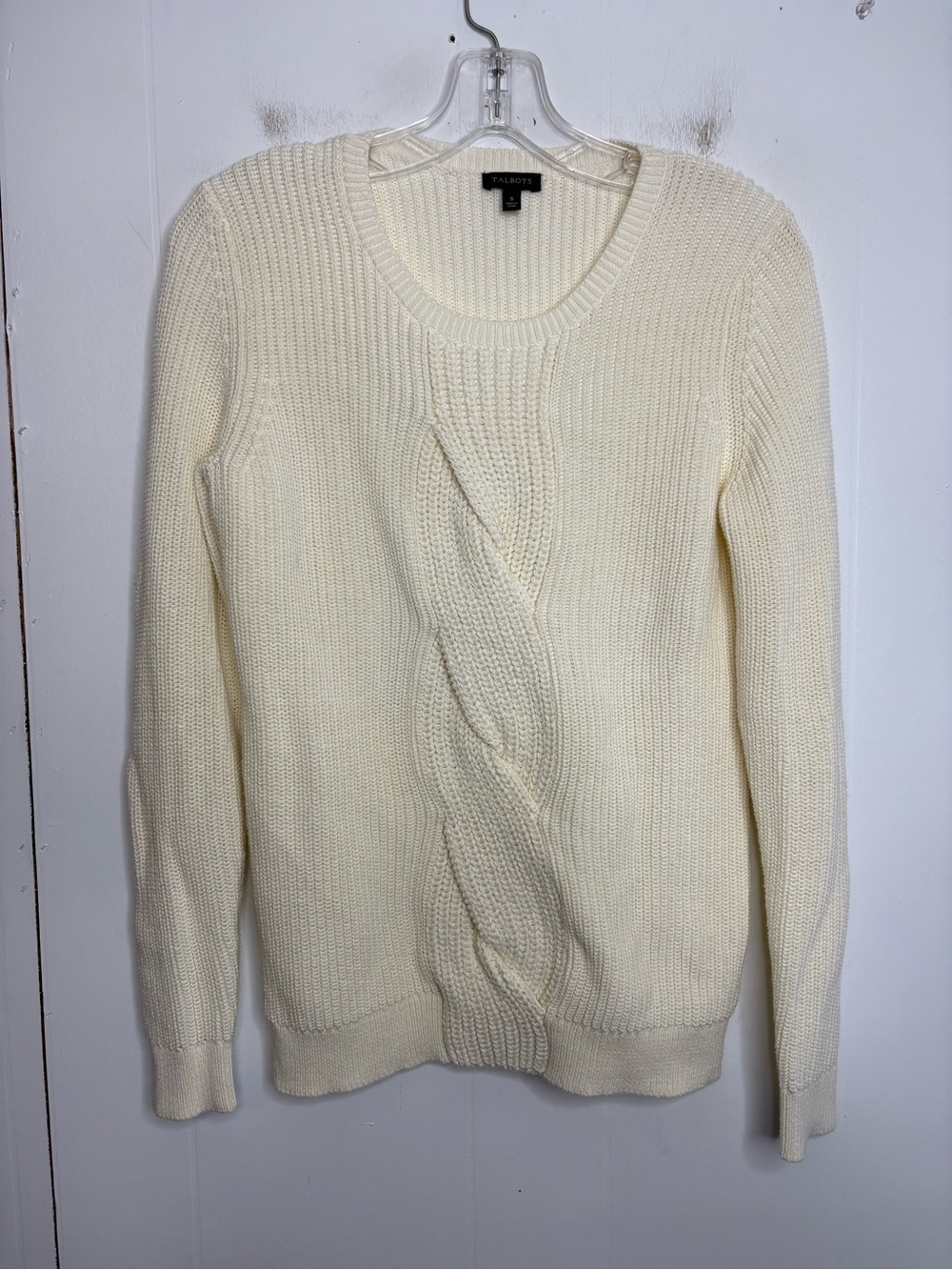 Talbots Sweater Womens Small Cream Cableknit Crewneck Neutral Capsule Modest
